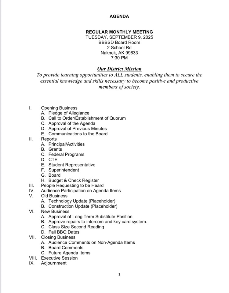 September 9, 2025 BBBSD Meeting Agenda