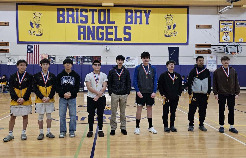 All-Tournament Team: Cavelila & Bryson Andrew from New Stuyahok, Randon Whitley from Manokotak, Kadin Torino from Bristol Bay, Ryley Young & Colten Wassillie from Newhalen, Michael Chase Gould & Brennen Larson from King Cove, Erik McGee from Tanalian.  Not Pictured: Jem Gooden from Bristol Bay, Gusty Tunguing IV & Tristan Kayuklouk from Koliganek