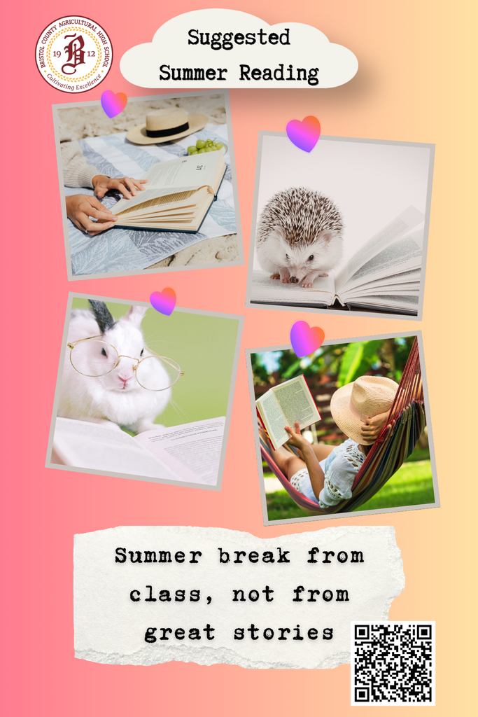 Flyer with people reading at the beach and in a hammock with also a rabbit with glasses on a book reading and a hedgehog reading. It also contains a QR code to a list of curated titles suggested for summer reading by Bristol Aggie. 