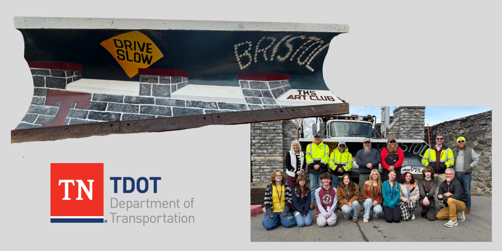 A composite graphic featuring two images related to the Tennessee High School Art Club’s “Paint the Plow” project. The top image shows a TDOT snowplow blade painted by students with a brick-wall motif, a yellow road sign reading “DRIVE SLOW,” and the word “BRISTOL” spelled in white lights across the top; “THS Art Club” is painted on the lower right corner. Below and to the right, a group photo shows Tennessee High School art students, their teacher, and TDOT staff posing in front of the completed snowplow blade and a TDOT truck. The TDOT logo appears in the lower left corner of the graphic.
