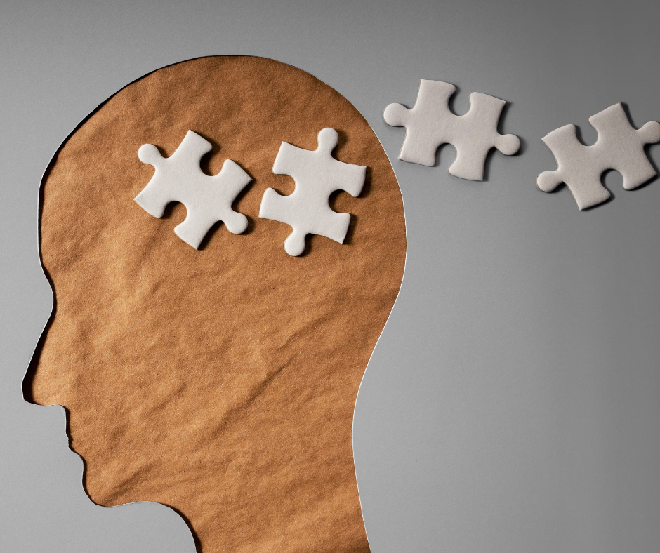 The image is an outline of a profile view of a head cut out of paper. There are four gray puzzle pieces overlapping the top portion of the head and the top of the paper.