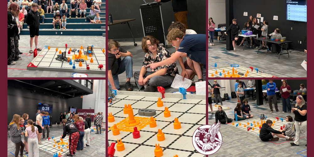 Collage of six photos from a Tennessee Middle School robotics competition. Students work in teams around VEX robotics game fields marked with orange, red, and blue game pieces. Several images show students discussing strategy, reviewing score sheets, and observing matches while spectators watch from nearby seating. Competition officials and volunteers are visible at scoring tables in the background. A close-up image highlights the game field and scoring elements. The Tennessee Middle School Viking logo appears in the lower-right corner.