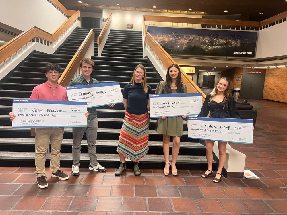 (From left to right) Noah Fernandez, Branch Sword, Mariel Story, Lily Chen, and Lauren Fish following the Eastman Oratory Contest in Kingsport, Tenn., in which Tennessee High students placed in four out of the top five spots and won cash prizes.