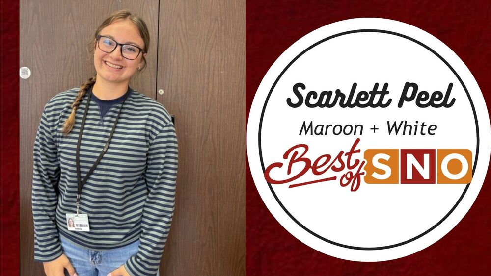 The image features of photo of Scarlett Peel standing in front of a brown background. There is a white circle beside her that says, "Scarlett Peel, maroon + White, Best of Sno"