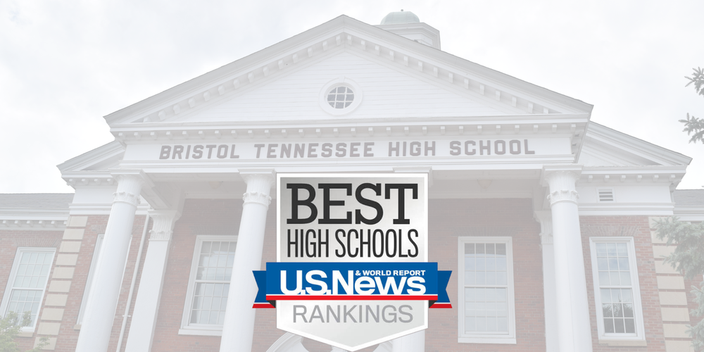Exterior of Tennessee High School with a U.S. News & World Report Best High Schools Rankings graphic centered over the building.