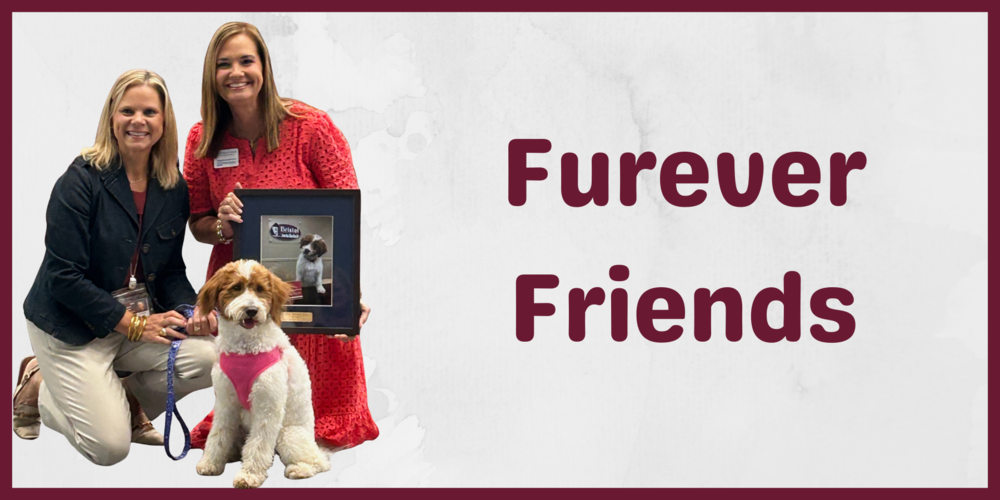 Photo of two women, one holding a framed photo of a dog, text, Furever Friends