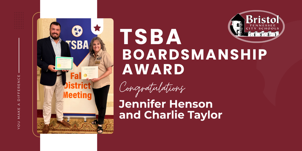 Bristol Tennessee Board of Education members Charlie Taylor and Jennifer Henson hold their TSBA Boardsmanship Award certificates at the Northeast Fall District Meeting. Taylor earned Level I recognition, and Henson earned Level II.