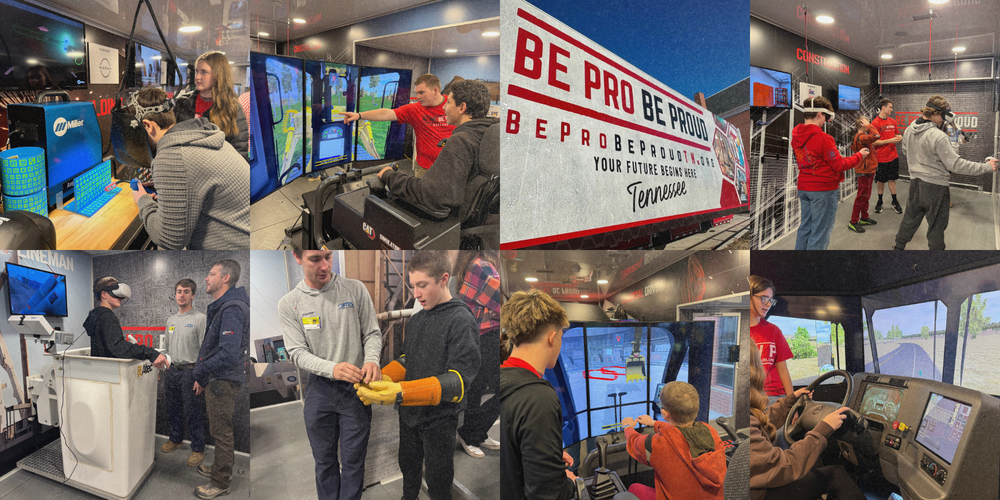 A collage of nine photos showing middle and high school students exploring hands-on career simulators inside the Be Pro Be Proud mobile workshop. Images include students trying a virtual welding simulator, operating heavy equipment and construction simulators, using VR headsets for lineman training, receiving guidance from Tennessee High School CTE students and community partners, and a view of the exterior of the Be Pro Be Proud truck. The photos capture students actively engaging with welding tools, machinery controls, and virtual environments as part of a career exploration event.
