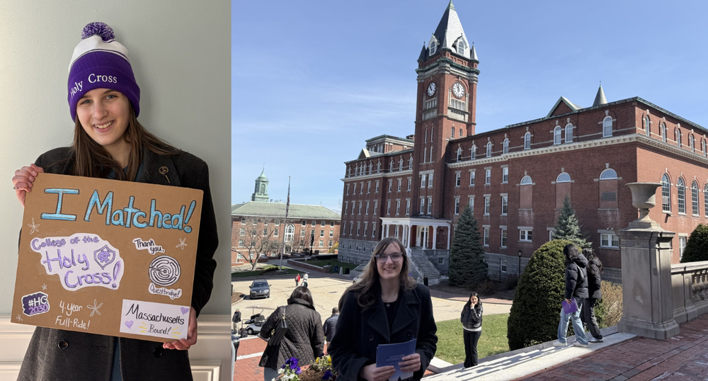 Photo of Madison Davis holding her matched poster and visiting College of the Holy Cross
