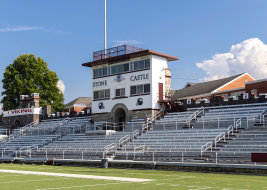 The home side of the stone castle stands, featuring the newly renovated Ronnie Pickle Press Box