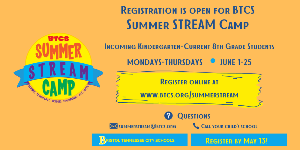 Colorful promotional graphic for Bristol Tennessee City Schools Summer STREAM Camp. The headline reads “Registration is open for BTCS Summer STREAM Camp.” The camp is for incoming kindergarten through current 8th grade students and runs Mondays through Thursdays, June 1–25. A large circular logo on the left says “BTCS Summer STREAM Camp” with the words Science, Technology, Reading, Engineering, Art, and Math around the edge. A highlighted section reads “Register online at www.btcs.org/summerstream.” Contact information includes the email summerstream@btcs.org and a note to call your child’s school with questions. A banner at the bottom reads “Bristol Tennessee City Schools” and another states “Register by May 13!”