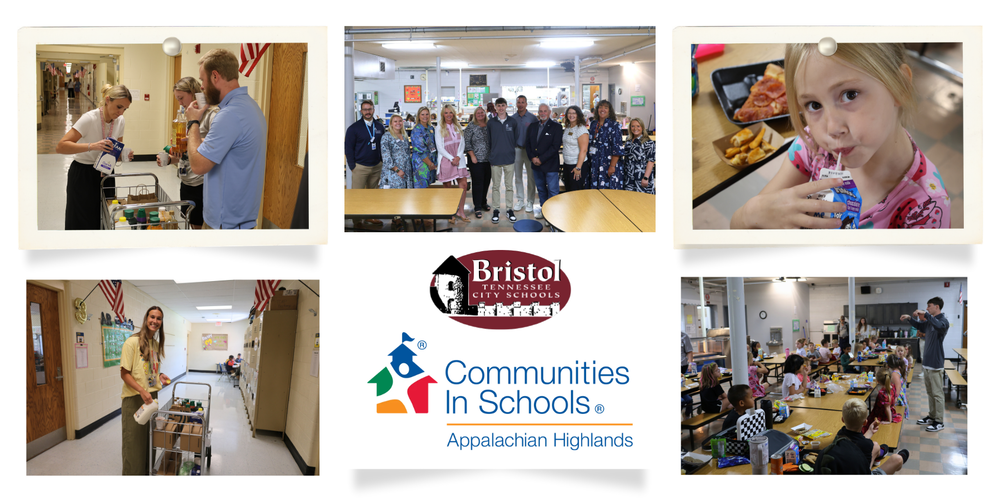 Collage highlighting Communities In Schools of Appalachian Highlands at Bristol Tennessee City Schools, featuring students, staff, district leaders, a classroom coffee cart, and a group photo during a school visit.