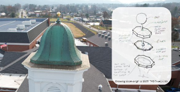 Aerial view of Viking Hall with its green domed cupola and finial at the center of the roof, with a small inset showing a hand-drawn sketch of the finial design based on original 1936 blueprints.