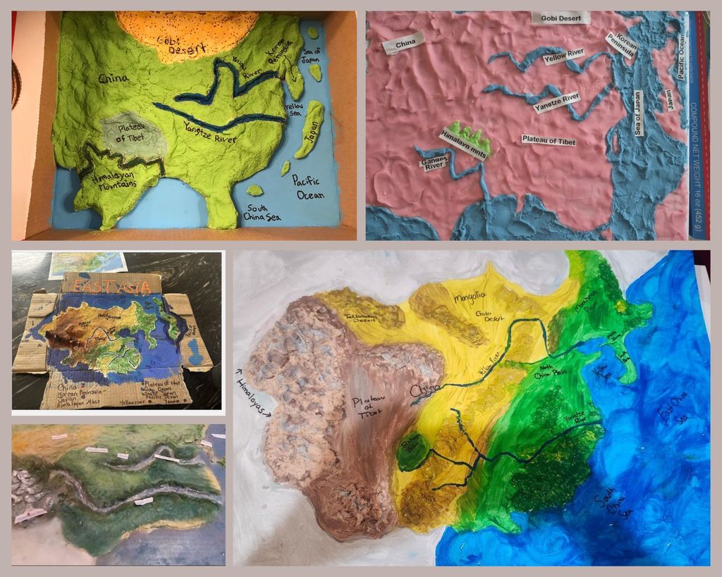 A collage of student projects showing 3D and painted relief maps of East Asia. Each map highlights geographic features such as the Gobi Desert, Plateau of Tibet, Himalayan Mountains, Yellow River, and Yangtze River. The maps use clay, paint, and cardboard to represent landforms and bodies of water in creative, colorful ways.