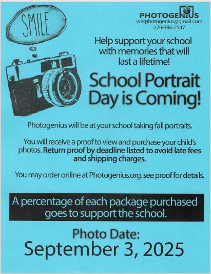 Blue flyer announcing School Portrait Day on September 3, 2025, with details about photo proofs, online ordering, and school fundraising support.