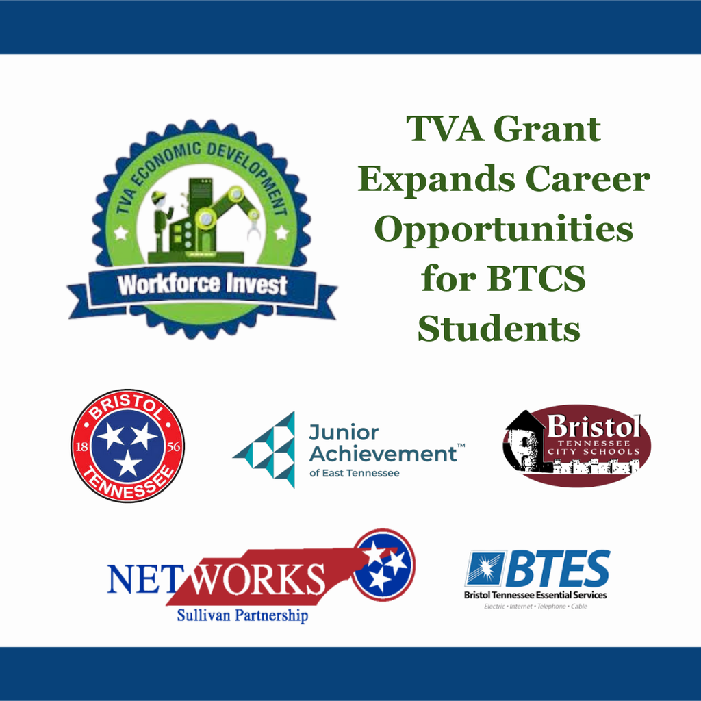 Graphic announcing that a TVA grant will expand career opportunities for Bristol Tennessee City Schools (BTCS) students. The design includes the TVA Economic Development Workforce Invest logo at the top left, the headline text on the right, and partner logos across the bottom: City of Bristol Tennessee, Junior Achievement of East Tennessee, Bristol Tennessee City Schools, NETWORKS Sullivan Partnership, and BTES.
