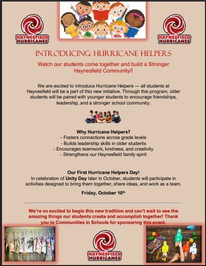 Flyer introducing “Hurricane Helpers,” a Haynesfield school program where older students pair with younger ones to build leadership, friendships, and community. It announces the first Hurricane Helpers Day on Friday, October 10, with teamwork activities. Includes images of diverse children and student projects.
