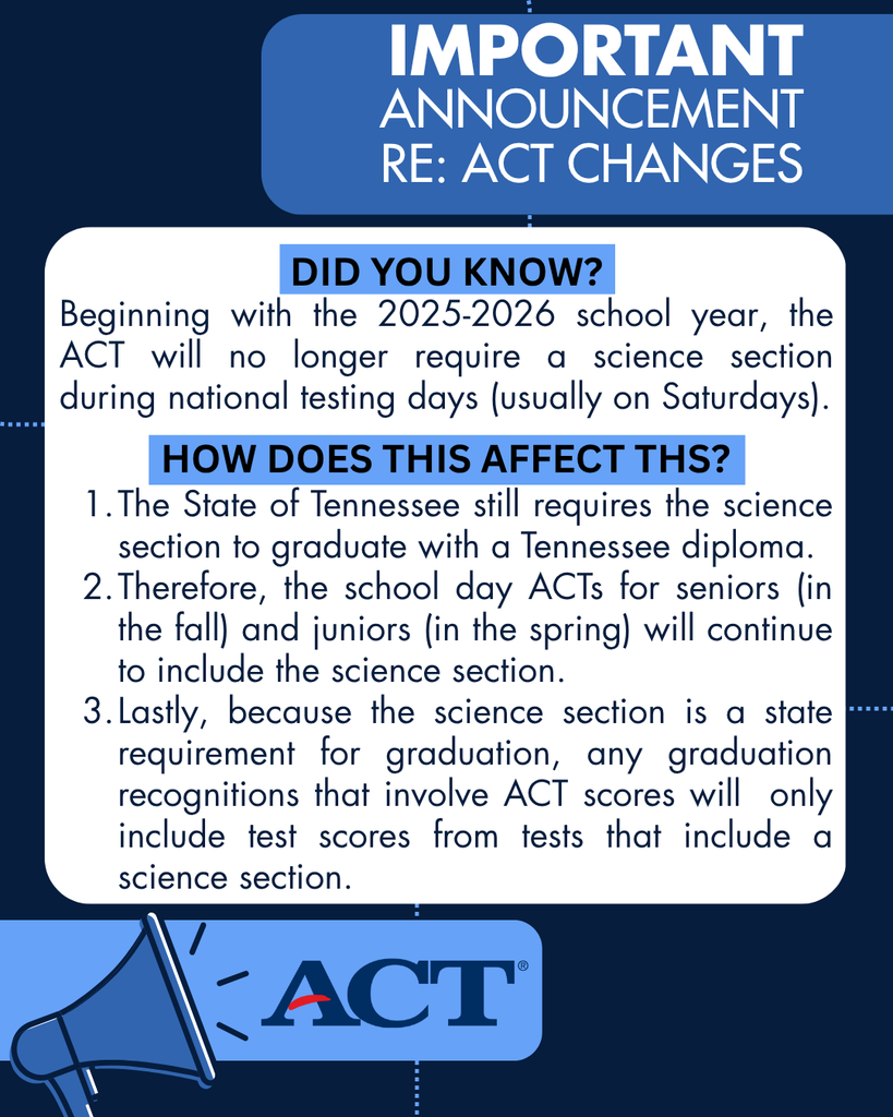 Informational graphic titled “Important Announcement Re: ACT Changes.” It explains that beginning with the 2025–2026 school year, the ACT will no longer include a required science section during national testing days (usually Saturdays). A blue box labeled “How does this affect THS?” states:  Tennessee still requires the science section to graduate with a Tennessee diploma.  School-day ACTs for seniors (fall) and juniors (spring) will continue to include the science section.  Graduation recognitions involving ACT scores will only count tests that include a science section. The bottom features the ACT logo next to a blue megaphone icon. The design uses white and blue backgrounds with bold navy and light blue text boxes.