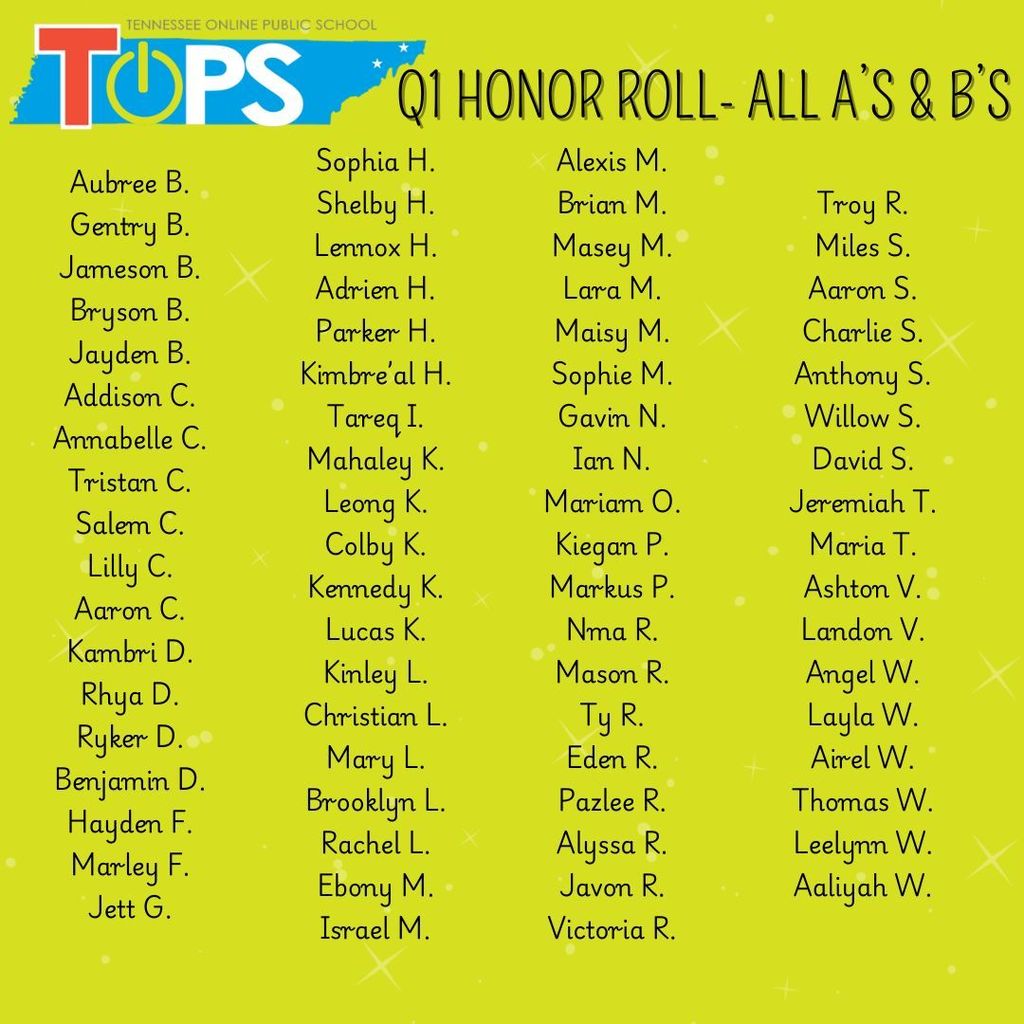 Graphic with a green background and the Tennessee Online Public School (TOPS) logo at the top. The text reads “Q1 Honor Roll - All A's & B's" and lists the names of students who earned all A’s and B's for the first quarter. The background features small sparkles and dots for decoration.