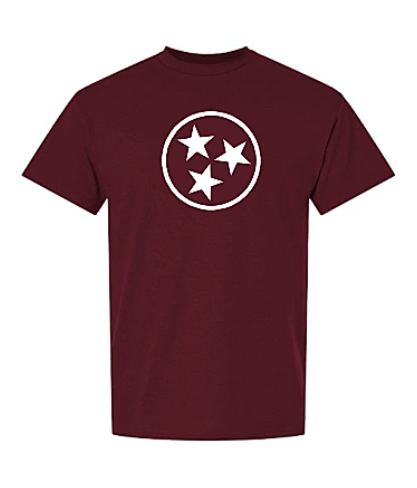 Maroon t-shirt with a white circle Tri-Star image in the center similar to the TN flag