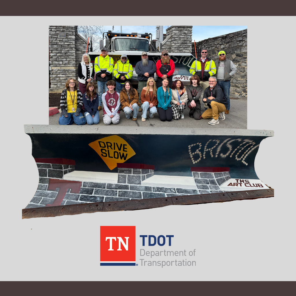 A collage-style graphic showing Tennessee High School Art Club students and TDOT staff posing in front of a snowplow, along with a close-up of the painted plow blade. The blade features a hand-painted Bristol-themed design with stonework, a yellow “Drive Slow” sign, and “THS Art Club” on the side. At the bottom of the graphic is the Tennessee Department of Transportation (TDOT) logo on a gray background.