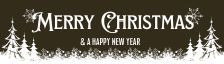 “Festive banner reading ‘Merry Christmas & a Happy New Year,’ decorated with white pine trees and falling snow on a dark background.”