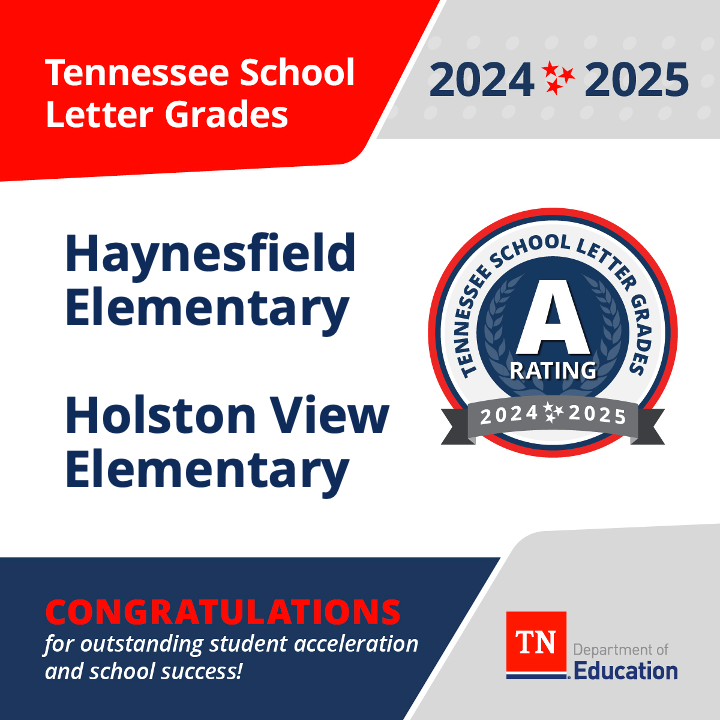 Graphic announcing Tennessee School Letter Grades for 2024–2025, recognizing Haynesfield Elementary School and Holston View Elementary School with an A rating. Includes an “A Rating” badge and congratulatory message for outstanding student acceleration and school success, along with the Tennessee Department of Education logo.