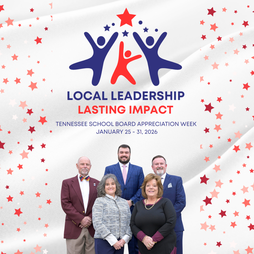 Five members of the Bristol Tennessee Board of Education stand together beneath the headline “Local Leadership, Lasting Impact.” The graphic recognizes Tennessee School Board Appreciation Week, January 25–31, 2026, and features red and blue star accents with a celebratory background.
