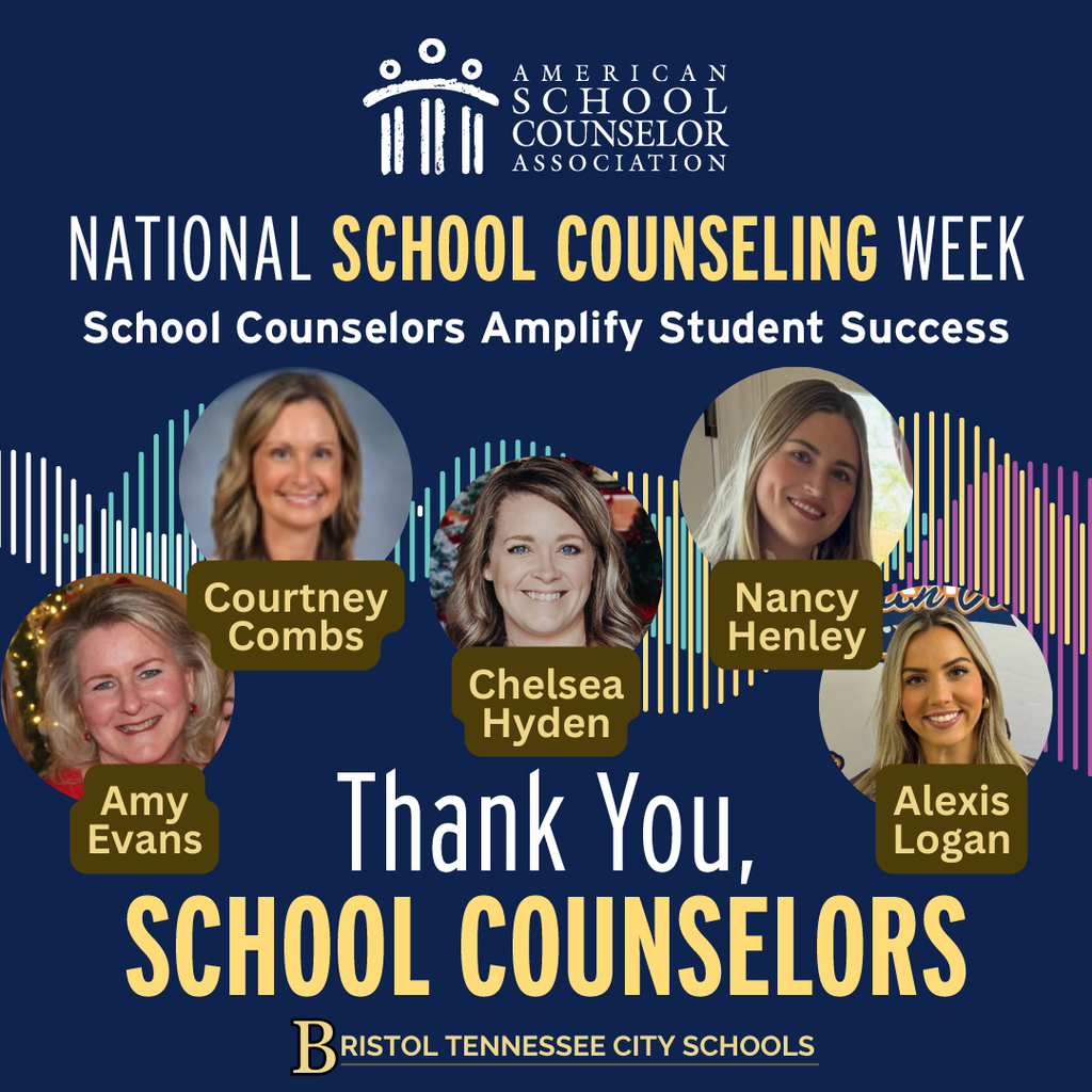 Graphic for National School Counseling Week featuring the American School Counselor Association logo and the message “School Counselors Amplify Student Success.” Five circular headshots of elementary school counselors are shown with name labels: Amy Evans, Courtney Combs, Chelsea Hyden, Nancy Henley, and Alexis Logan. Text at the bottom reads, “Thank You, School Counselors.”