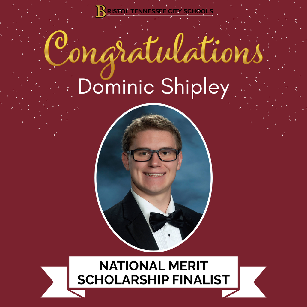 Graphic with a maroon background and gold script reading “Congratulations” at the top. Below, the name Dominic Shipley appears above a formal senior portrait of a student wearing glasses, a black tuxedo, white shirt, and black bow tie against a blue studio backdrop. A white banner at the bottom reads “National Merit Scholarship Finalist.”