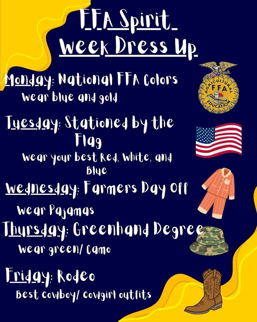 Flyer titled “FFA Spirit Week Dress Up” on a navy blue background with yellow accents. It lists themed dress-up days for the week: Monday: National FFA Colors – wear blue and gold. Tuesday: Stationed by the Flag – wear your best red, white, and blue. Wednesday: Farmers Day Off – wear pajamas. Thursday: Greenhand Degree – wear green or camo. Friday: Rodeo – best cowboy/cowgirl outfits. The right side features small graphics including the FFA emblem, an American flag, a pair of orange pajamas, a camouflage bucket hat, and a brown cowboy boot.