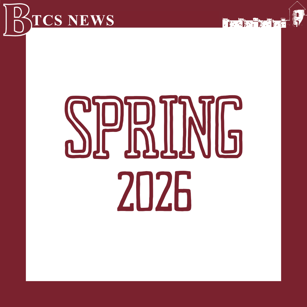 Graphic with a maroon background and white central panel displaying the words “Spring 2026” in large maroon letters. At the top left, the header reads “BTCS News,” and a white silhouette of Bristol’s skyline appears in the upper right corner.