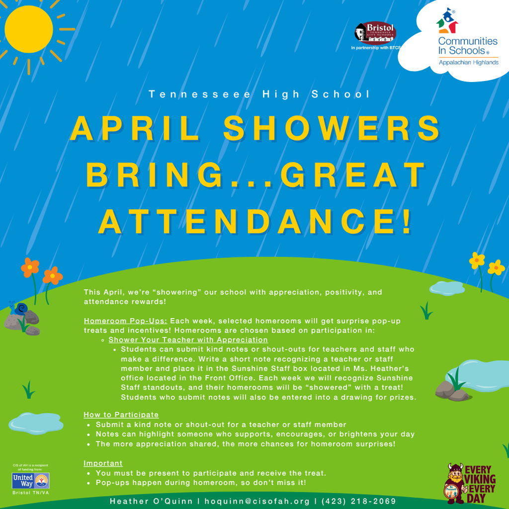 A distorted, collage-style graphic showing upside-down photos of students outdoors, including legs on grass and children smiling near flowering trees. A bright green banner across the center contains text about school attendance rewards, mentioning “Homeroom Pop-Ups,” weekly incentives, and activities like showing teacher appreciation. The layout appears glitched or layered, with overlapping images and partial text.