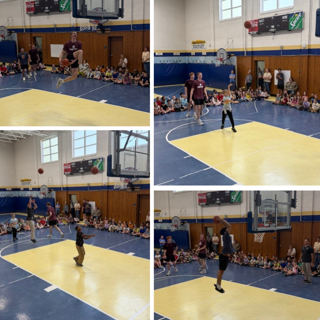 Collage of photos from a school gym assembly showing basketball demonstrations. High school players perform layups and shots while elementary students sit along the sidelines watching. In one image, a student takes a turn shooting with players nearby, and in another, a player prepares for a dunk as the crowd looks on.