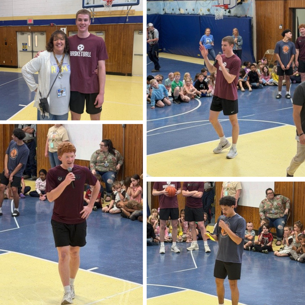 Collage of photos from a school gym assembly featuring high school basketball players. One image shows a player posing with a smiling staff member. Other images show players speaking into microphones to a group of seated elementary students, engaging them during the assembly.