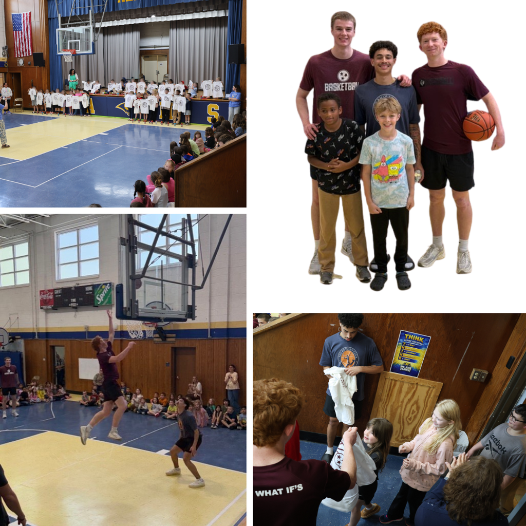 Collage of a school gym assembly featuring high school basketball players interacting with elementary students. One image shows students on a stage holding up T-shirts while younger students sit on the floor watching. Another shows three tall players posing with two younger boys. Additional photos capture a player attempting a layup during a basketball demonstration and players handing out T-shirts to excited students gathered nearby.