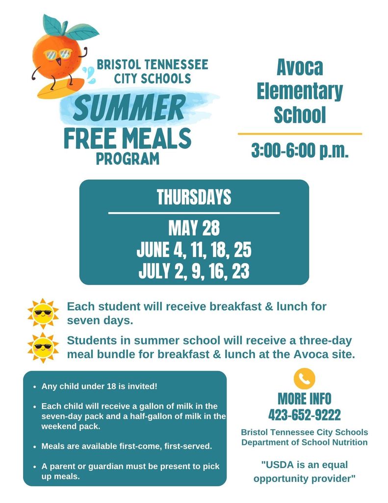 Colorful flyer for the Bristol Tennessee City Schools Summer Free Meals Program. At the top left is a cartoon orange wearing sunglasses beside the program title. On the right, the flyer lists the Avoca Elementary School meal distribution site and the pickup time of 3:00–6:00 p.m.  A teal box in the center lists Thursday distribution dates: May 28; June 4, 11, 18, and 25; and July 2, 9, 16, and 23.  Below, text explains that each student will receive breakfast and lunch for seven days, and students in summer school will receive a three-day breakfast and lunch meal bundle at the Avoca site.  A teal information box states: • Any child under 18 is invited. • Each child will receive a gallon of milk in the seven-day pack and a half-gallon of milk in the weekend pack. • Meals are available first-come, first-served. • A parent or guardian must be present to pick up meals.  On the lower right, contact information is provided for the Bristol Tennessee City Schools Department of School Nutrition with the phone number 423-652-9222. The flyer ends with the statement, “USDA is an equal opportunity provider.”