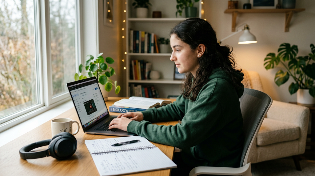 A young woman in a green hoodie sits at a wooden desk by a window, typing on a laptop while studying at home. An open biology textbook, a notebook with handwritten notes, a pen, headphones, and a mug sit on the desk. Plants, bookshelves, and warm string lights are visible in the cozy background.