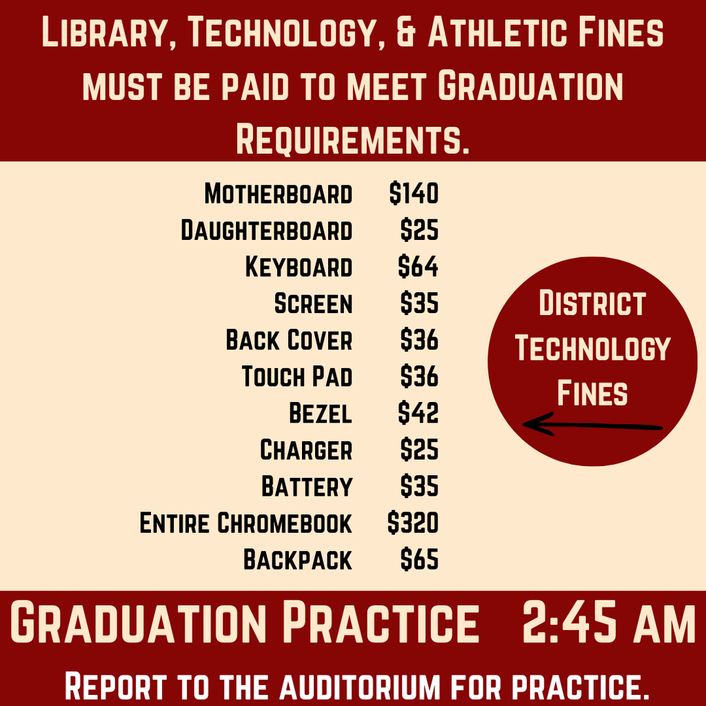 Square informational flyer in beige and dark red titled “Library, Technology, & Athletic Fines Must Be Paid to Meet Graduation Requirements.” The flyer lists district technology fines including motherboard $140, daughterboard $25, keyboard $64, screen $35, back cover $36, touch pad $36, bezel $42, charger $25, battery $35, entire Chromebook $320, and backpack $65. A circular graphic reads “District Technology Fines.” Bottom banner states “Graduation Practice 2:45 AM” and instructs students to report to the auditorium for practice.