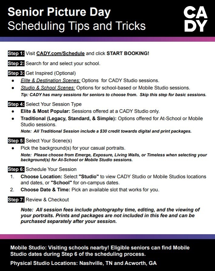 A black-and-white informational flyer from CADY titled “Senior Picture Day Scheduling Tips and Tricks.” The flyer provides a seven-step guide for booking senior portrait sessions at CADY.com/Schedule, including selecting a school, choosing session types and scenes, scheduling a location and time, and reviewing checkout details. It highlights studio and school scene options, notes about print packages, and lists studio locations in Nashville, Tennessee, and Acworth, Georgia. The CADY logo appears in the top-right corner, and purple accent bars frame the design.