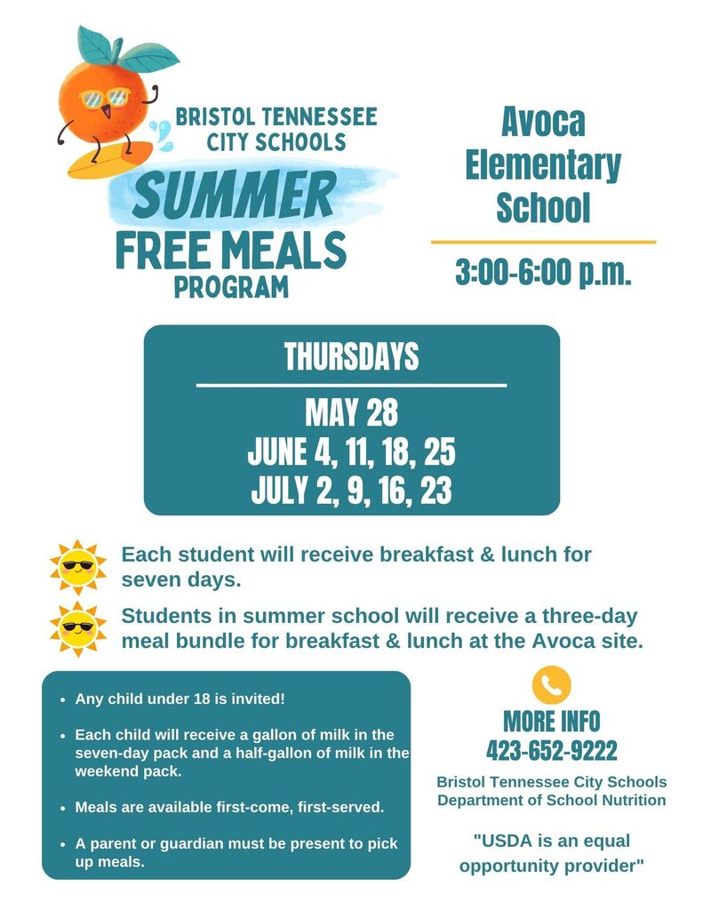 A Bristol Tennessee City Schools Summer Free Meals Program flyer for Avoca Elementary School. The flyer features a cartoon orange wearing sunglasses on a surfboard beside the program title. The meal pickup site is listed as Avoca Elementary School from 3:00–6:00 p.m. on Thursdays: May 28; June 4, 11, 18, and 25; and July 2, 9, 16, and 23. Text states that each student will receive breakfast and lunch for seven days, and students in summer school will receive a three-day breakfast and lunch meal bundle at the Avoca site. Additional details note that any child under 18 is invited, meals are available first-come, first-served, and a parent or guardian must be present to pick up meals. Milk amounts included with meal packs are also listed. Contact information for the Bristol Tennessee City Schools Department of School Nutrition is provided, along with the phone number 423-652-9222. The flyer ends with the statement, “USDA is an equal opportunity provider.”