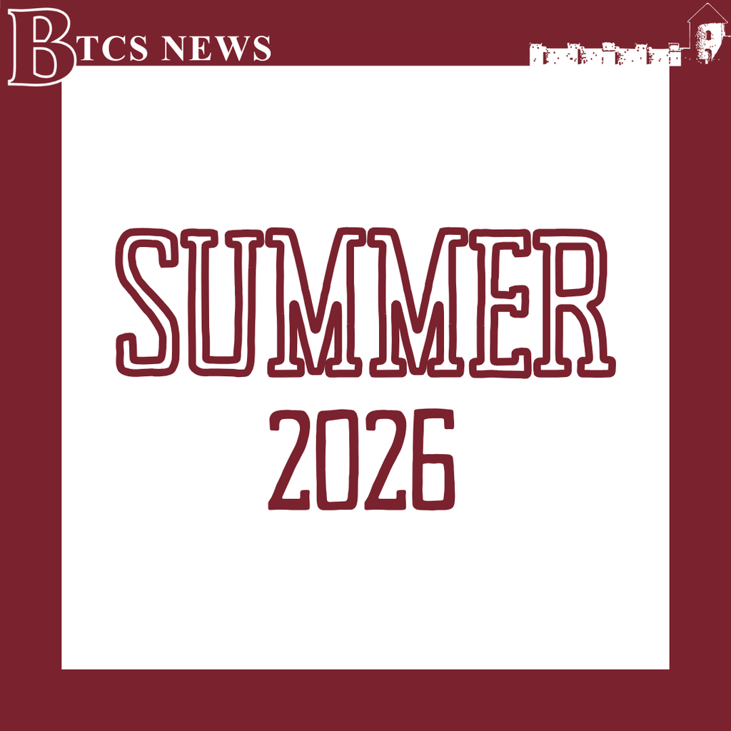 **Alt text:** Graphic with a maroon border and white center featuring the text "BTCS News" at the top and "SUMMER 2026" in large maroon letters in the center. A stylized silhouette of the Tennessee High School campus appears in the upper-right corner. The design serves as a cover image for the Bristol Tennessee City Schools Summer 2026 newsletter.