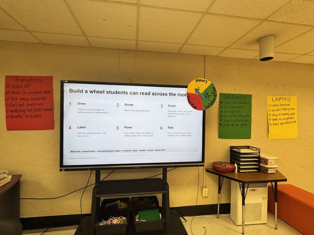 A classroom display shows a large interactive monitor with step-by-step instructions for creating a classroom routine spinner. Mounted beside the screen is a completed three-section spinner labeled "Transition," "Collaboration," and "Learning" in red, green, and yellow. Matching classroom expectation posters hang on the wall nearby.