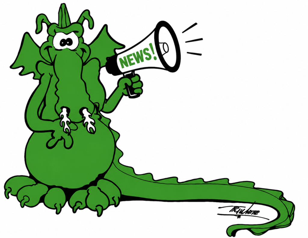green Avoca dragon mascot holding a news megaphone