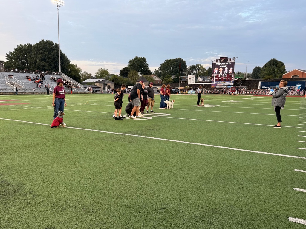 Therapy dogs and their handlers line up on the field at the Stone Castle during Therapy Dog Night at a Tennessee High football game. The scoreboard displays photos of the therapy dogs and a “Therapy Dog Night” message.