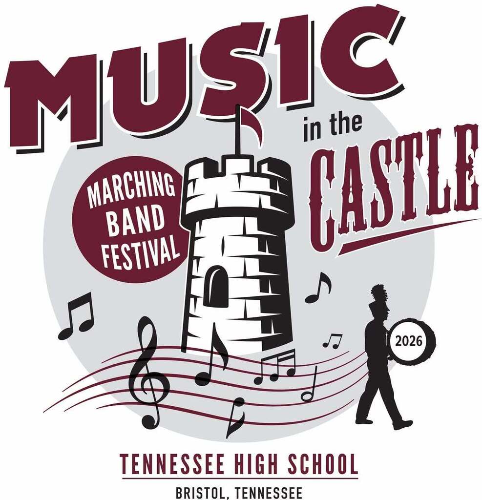 Graphic for the 2026 Music in the Castle Marching Band Festival at Tennessee High School in Bristol, Tennessee. The design features a castle tower, musical notes and staff lines, a marching band member with a bass drum, and maroon, black, white, and gray lettering.