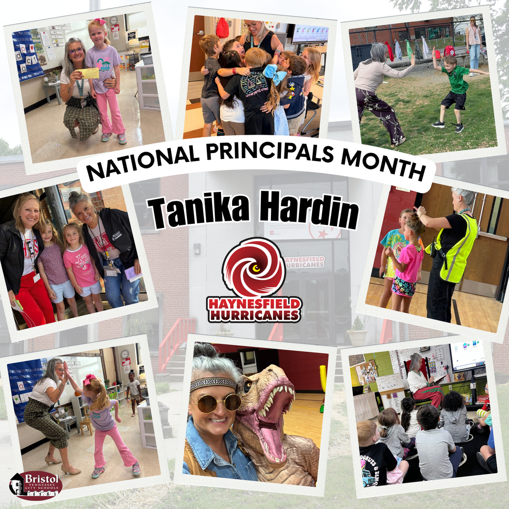 National Principals Month graphic celebrating Haynesfield Elementary Principal Tanika Hardin. A collage shows Hardin engaging with students throughout the school day, including celebrating a student, receiving a group hug, giving high-fives, greeting students, reading to a class, and posing playfully with a dinosaur. The Haynesfield Hurricanes logo appears in the center.