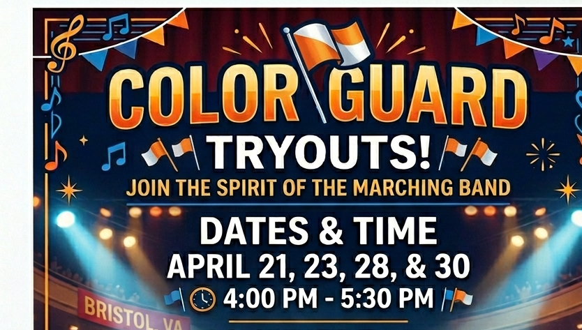 Color Guard Tryouts are on April 21, 23, 28, & 30.