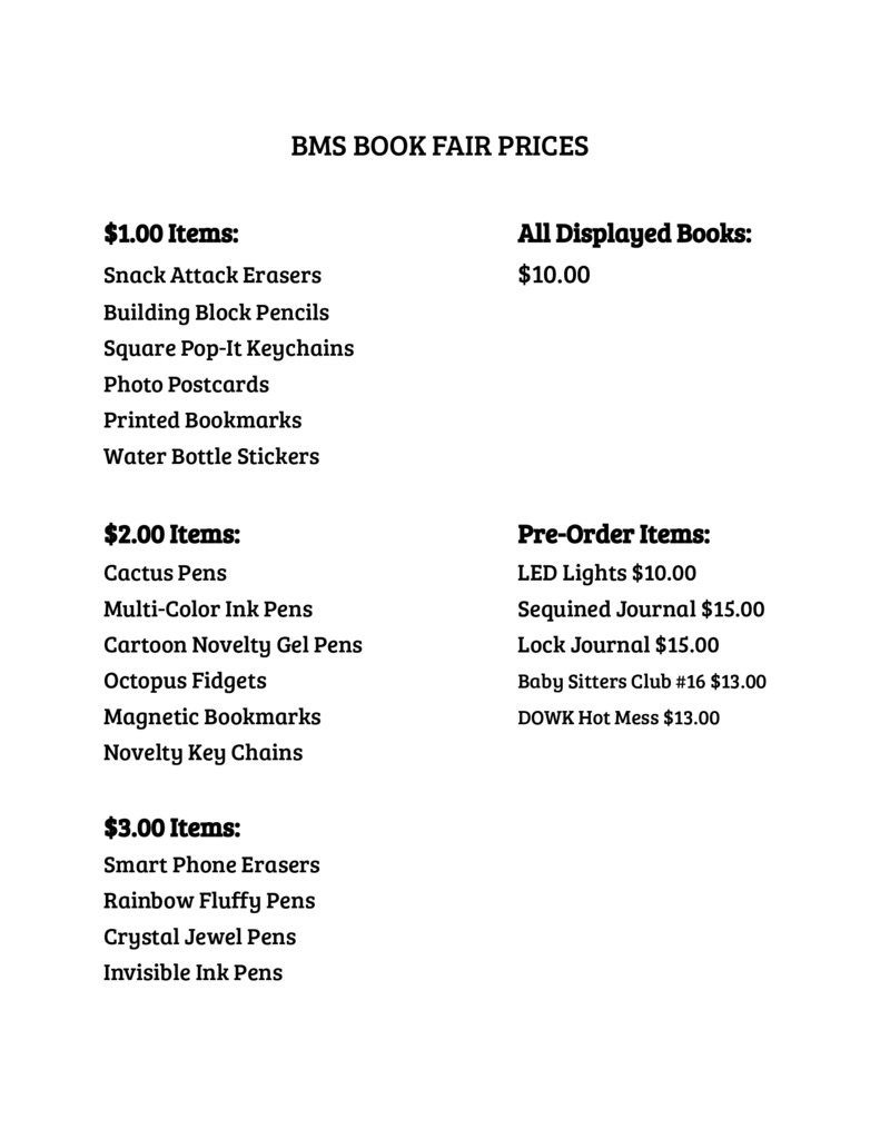 BMS Book Fair Price List