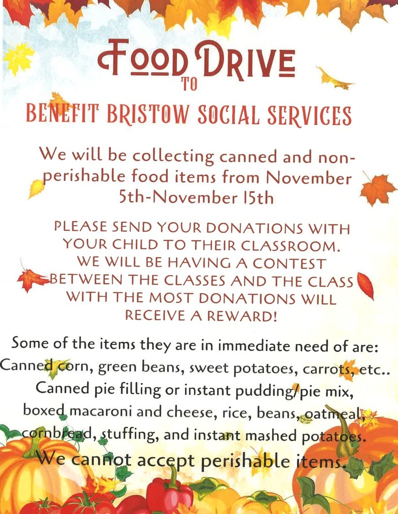 Canned and Non-Perishable Food Drive November 5-15.